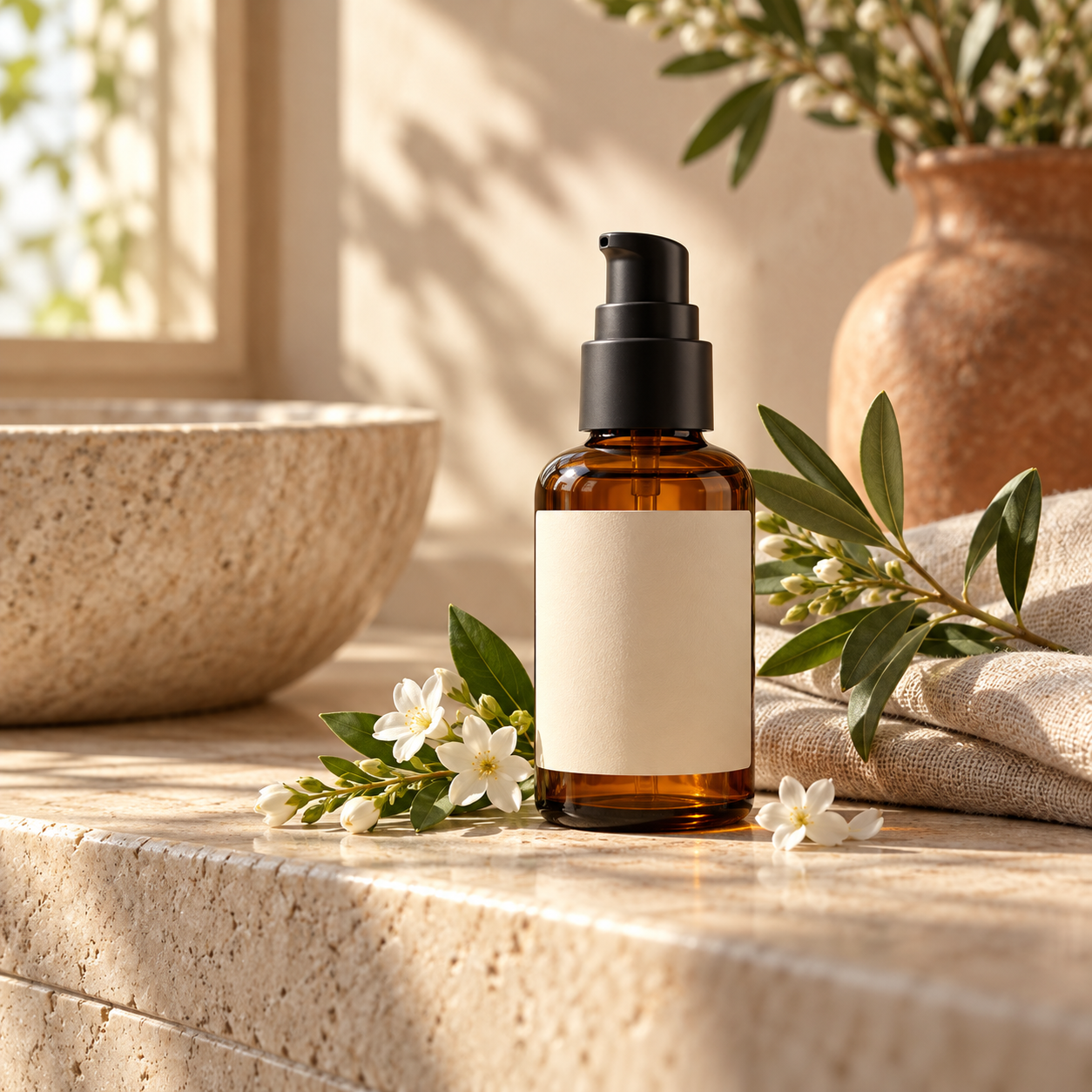 Amber skincare bottle with botanical leaves in soft morning light