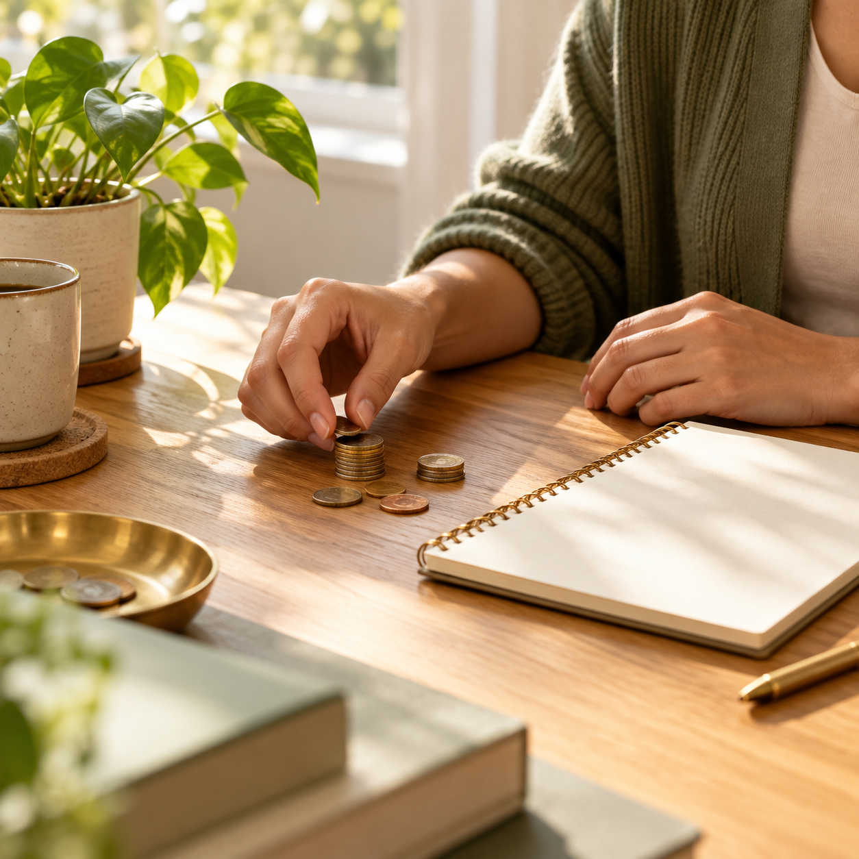 Notebook, coins and a plant on a bright desk