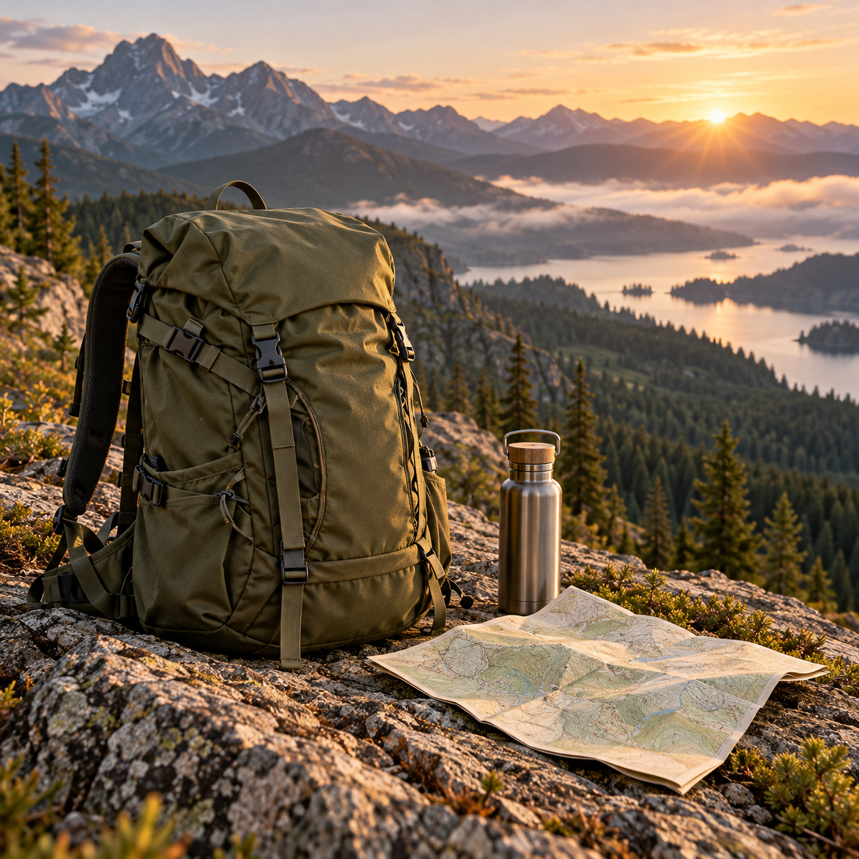 Olive hiking backpack on a mountain trail