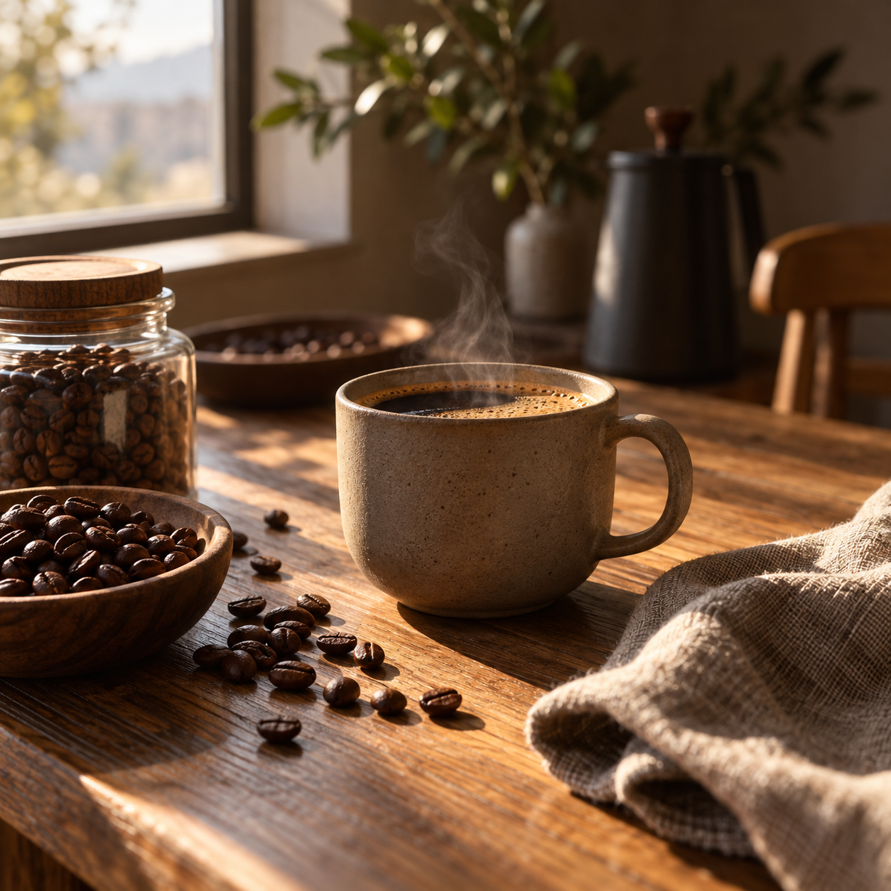 Ceramic cup of coffee and beans in morning light