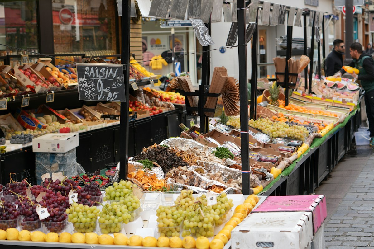 Fresh produce arranged at an outdoor market