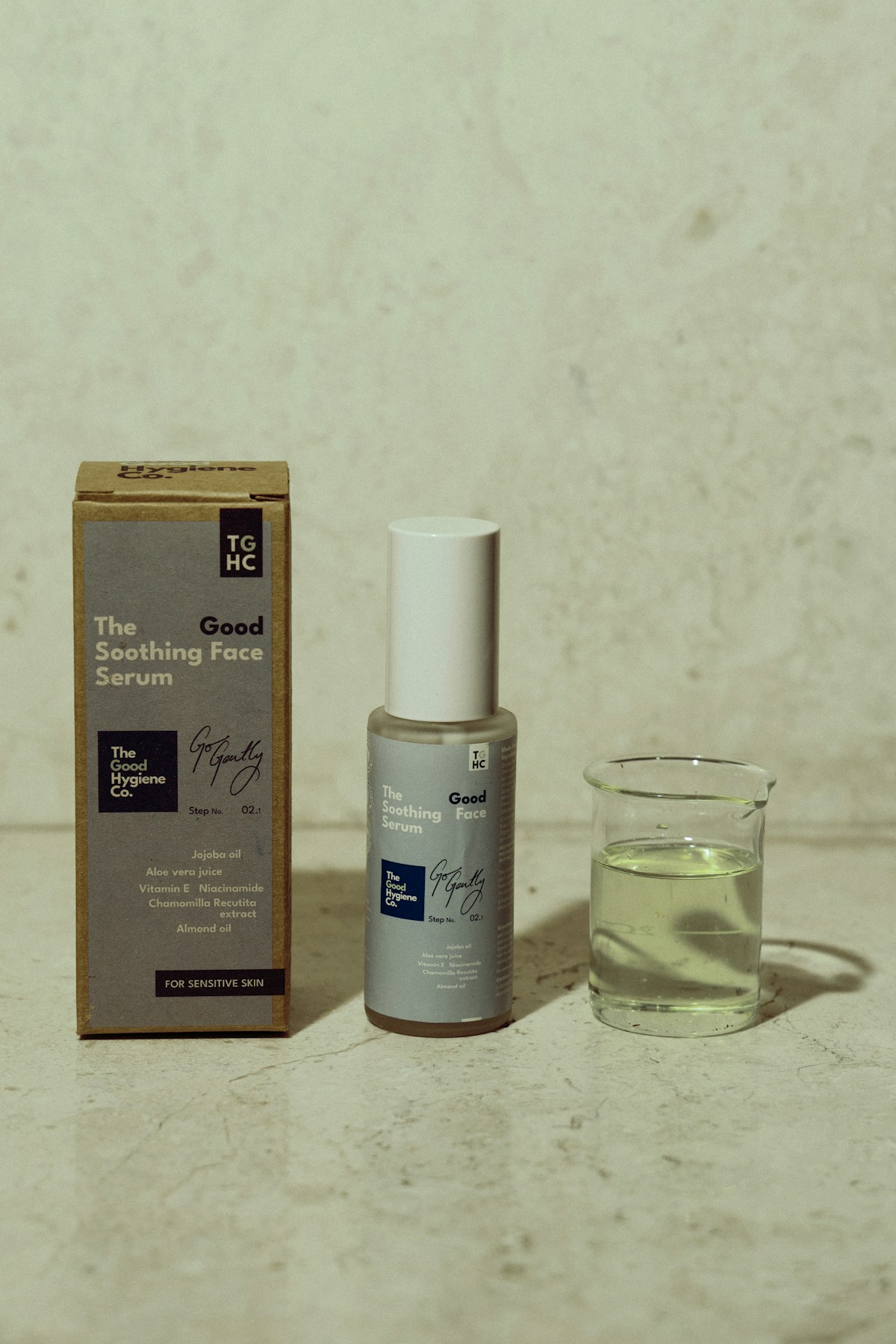 Skincare serum bottle and product packaging