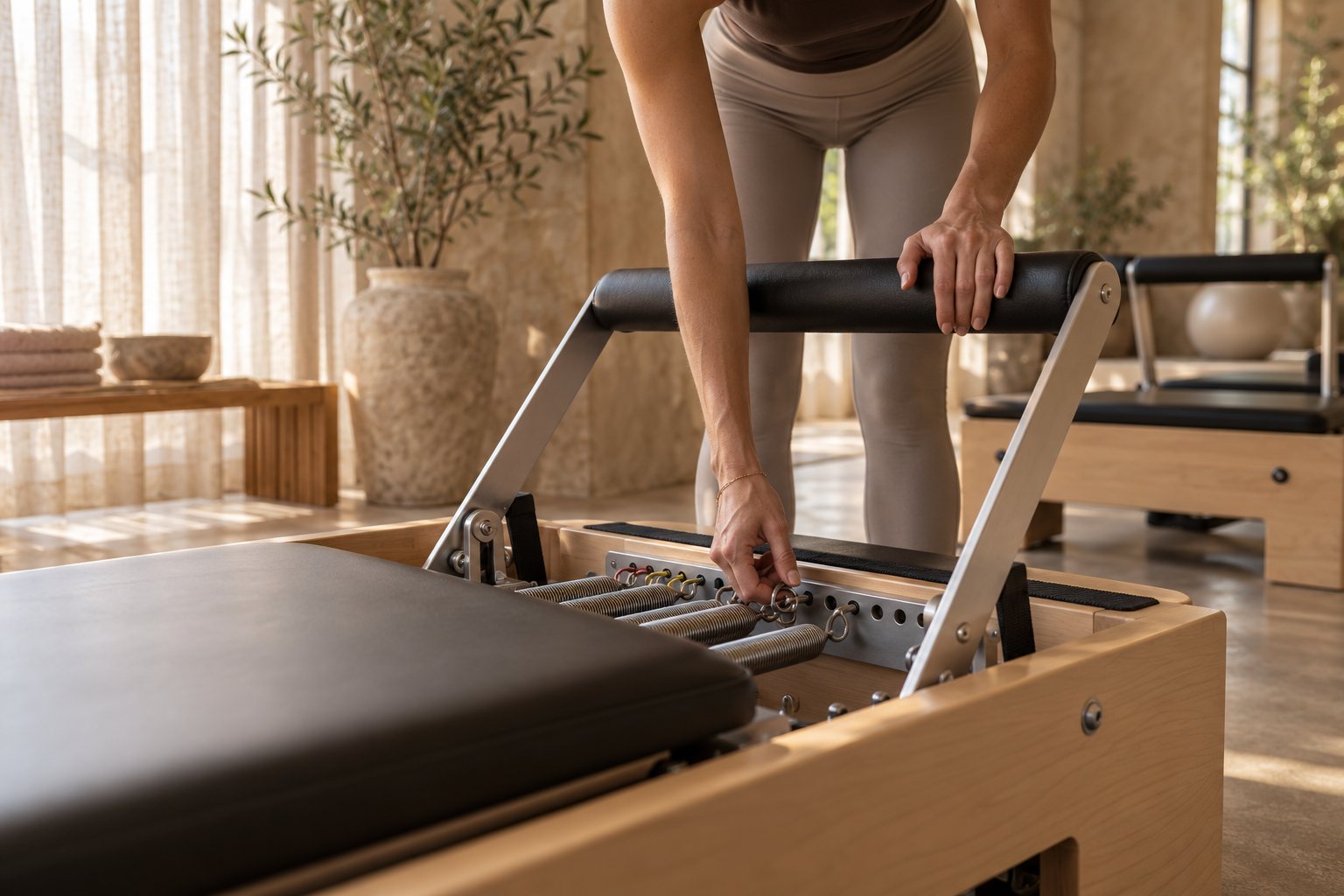 Instruktorka przygotowuje reformer do kameralnych zajęć pilates